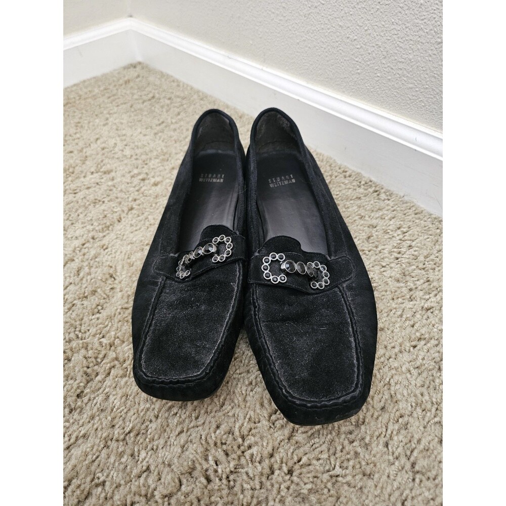 Stuart Weitzman Women's Loafers Size 11 M Black Suede Jeweled Buckle Slip On